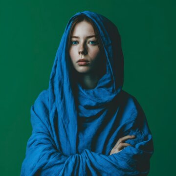 Young woman with blue headscarf and freckles