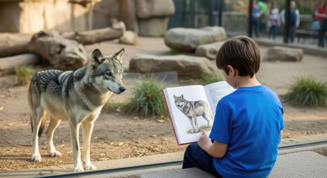 Young Boy Reading Wolf Book Beside Zoo Enclosure Glass