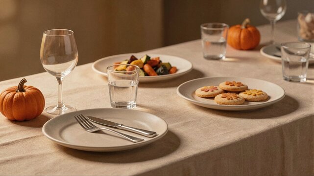 Elegant dining table setting with linen tablecloth and pumpkins for autumn dinner party ideal for home decor and catering website