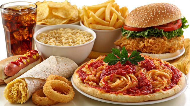 A spread of fast food including pizza burgers fries onion rings a soda with junk food, unhealthy foo