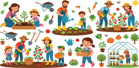 Fototapeta premium Happy family gardening set with parents and children planting harvesting vegetables in garden and greenhouse vector illustration