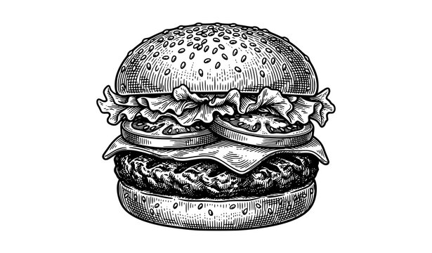 Detailed hamburger engraving vector illustration with vintage hand drawn fast food style isolated on white