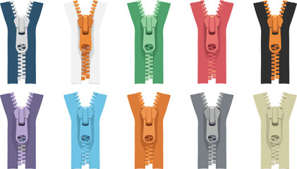 Colorful Zipper Vector Set featuring Various Metal and Plastic Zips in Different Colors for Clothing Fashion Design Textile Industry and Sewing Accessory Illustration Concepts © Emdadul