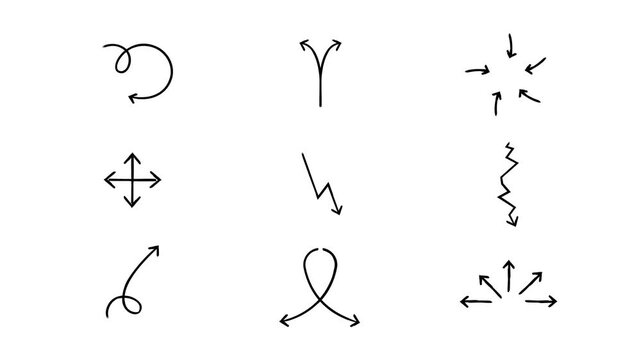 Directional animated hand-drawn sketch arrows set. Doodle line pointers animation for explainer content. Simple handdrawn symbols 4K video pack. Freehand overlays motion graphics for social media