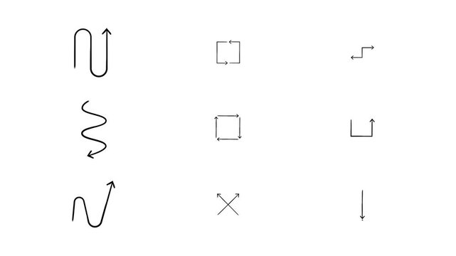 Loops and turns animated hand-drawn sketch arrows set. Flow indicators. Doodle line pointers animation. Simple handdrawn symbols 4K video pack. Freehand overlays motion graphics for social media