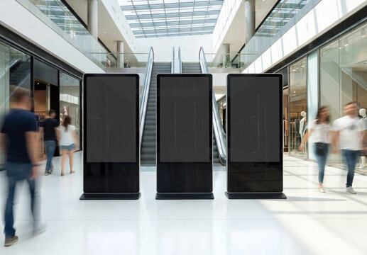 Three vertical billboards in bright modern shopping center Mockup. Generative ai
