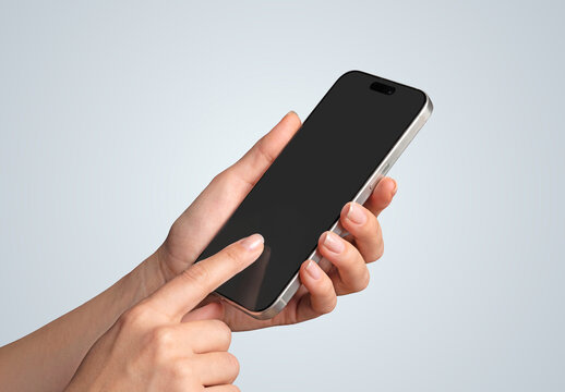 Isolated woman&rsquo;s hand holding modern smartphone Mockup on white background. Generative ai