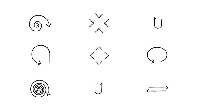 Various functional animated hand-drawn sketch arrows set. Doodle line pointers animation for direction. Simple handdrawn symbols 4K video pack. Freehand overlays motion graphics for social media