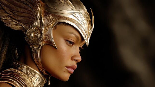 Warrior woman with ornate helmet and armor, showcasing strength and determination, side profile close-up view