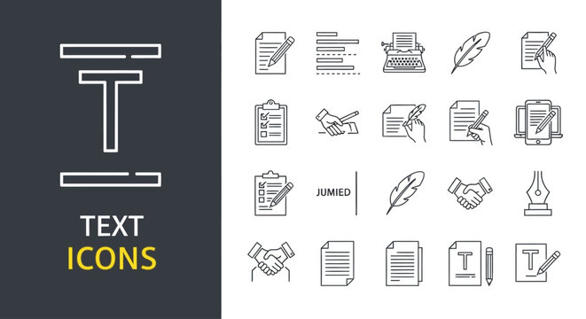 Set of graphic design icons representing writing, documents, and communication for digital and print media