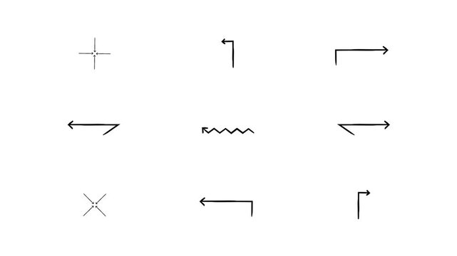 Angled and multidirectional animated hand-drawn sketch arrows set. Doodle line pointers animation. Simple handdrawn symbols 4K video pack. Freehand overlays motion graphics for social media