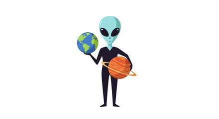 Alien Holding Earth and Saturn, Extraterrestrial Visitor Concept © salsa