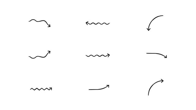 Flowing wavy animated hand-drawn sketch arrows set. Doodle line pointers animation for explainer content. Simple handdrawn symbols 4K video pack. Freehand overlays motion graphics for social media