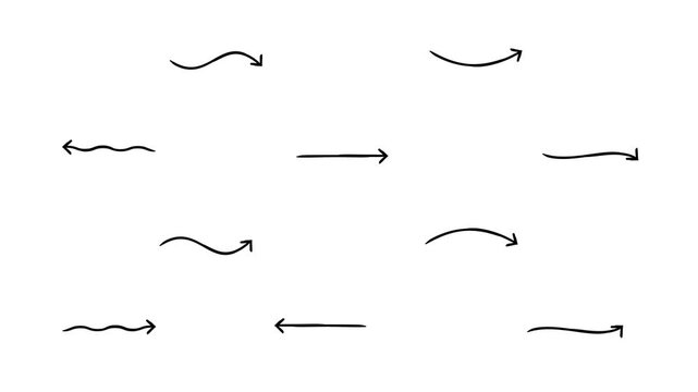 Straight and curved animated hand-drawn sketch arrows set. Doodle line pointers animation for direction. Simple handdrawn symbols 4K video pack. Freehand overlays motion graphics for social media