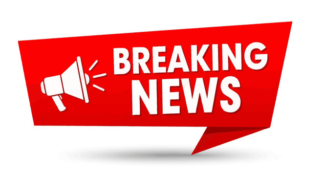 Vibrant red banner graphic with megaphone symbol and bold 'BREAKING NEWS' text, ideal for urgent announcements and information updates