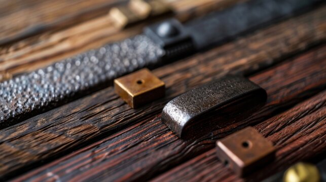 Close-Up View of Various Vintage Hardware Elements on Rustic Wooden Surface