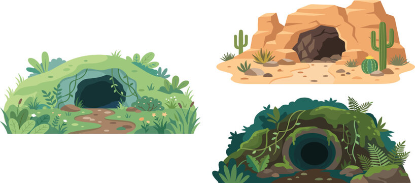 Landscape cave entrance set featuring grassy jungle stone desert and dark forest grotto vector illustration collection