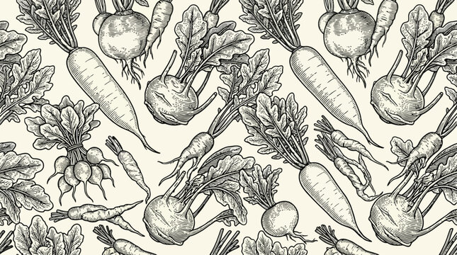 Pattern of root vegetables botanical illustration.