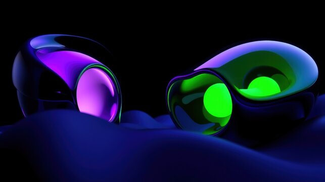 Glossy orbs rest upon dark surface. Vivid purple, green hues dominate composition. Smooth reflections create abstract forms. Dramatic lighting enhances visual impact.