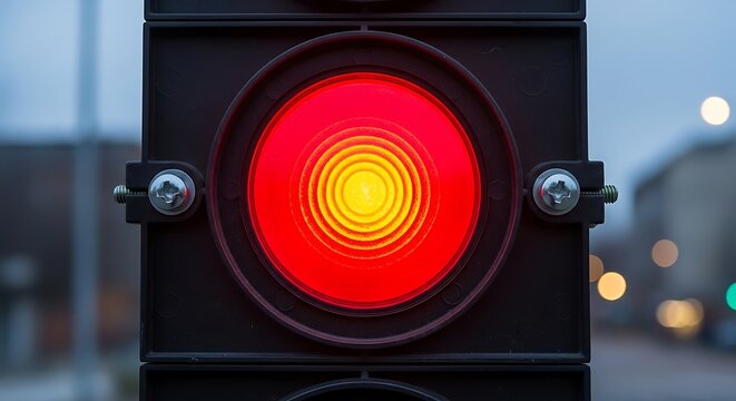 Close up of a red traffic signal light against a blurred background