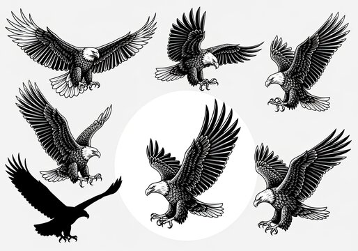 Set of black and white flying bald eagle illustrations