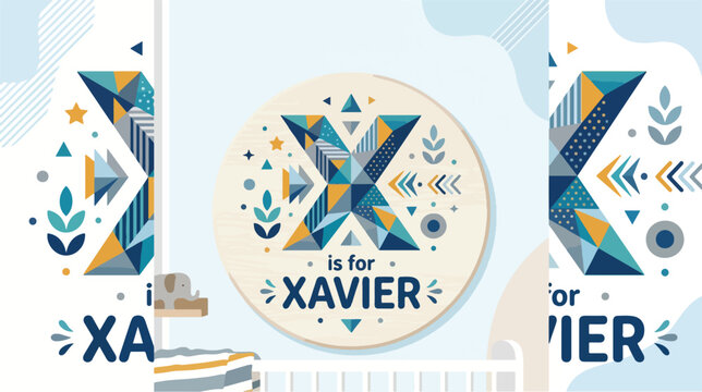 Round wooden baby name sign with letter X is for Xavier in geometric tribal nursery mockup