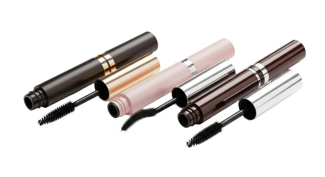 three sleek dark brown and soft pink mascara tubes, featuring metallic gold and silver bands, with various detailed application wands displayed on a transparent surface, minimalist luxury cosmetic