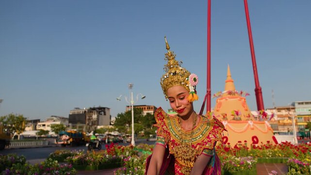 Traditional Thai Khon Manohra Dancer Performing at Wat Suthat Bangkok