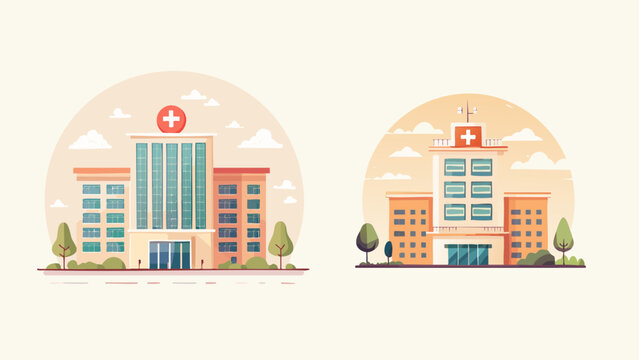 Modern hospitals with medical cross symbols, representing healthcare and emergency services in urban settings