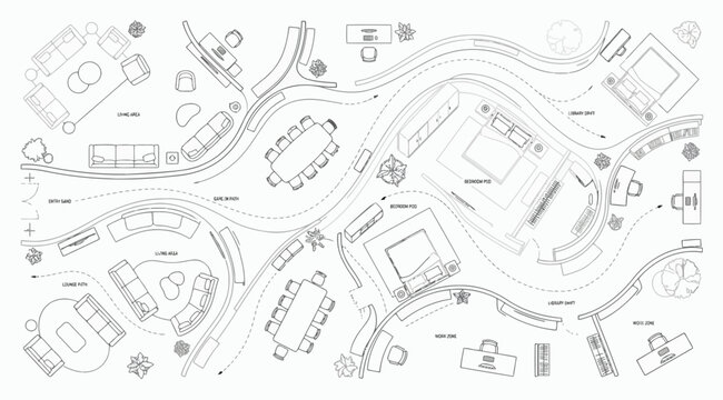 Floor plan layout of a modern house with furniture and circulation paths