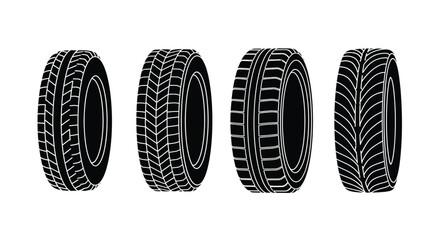 Four black and white tire illustrations with varying tread patterns displayed in a row © Saidul_Studio1984