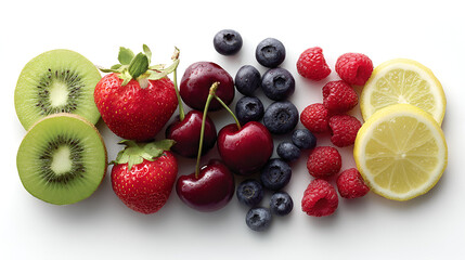 Obraz premium Fresh vibrant mixed fruits and berries creating a healthy and colorful assortment, including kiwi, strawberries, cherries, blueberries, raspberries, and lemon slices