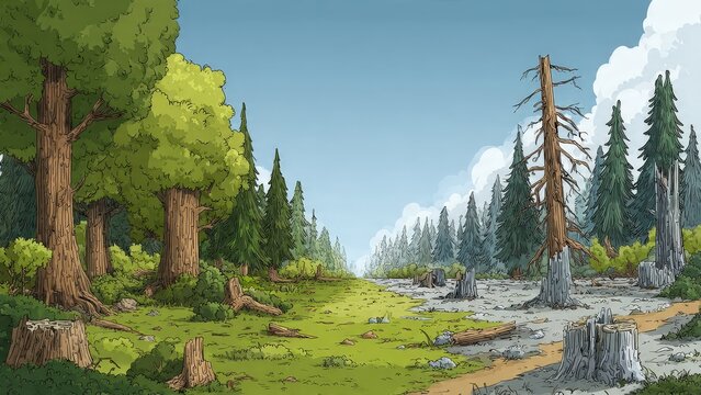 Lush Green Forest with Healthy Trees and Dry Dead Trees Under Blue Sky