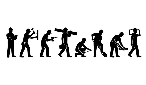 Builder silhouettes vector collection with construction workers in action poses isolated on white