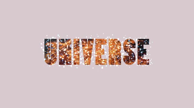 3D render of universe text with glowing particles and spark effects on light background creating cosmic animation designed for space visuals, motion graphics and video overlays