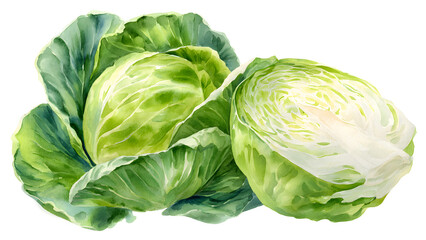 Obraz premium Vibrant green cabbage watercolor illustration, featuring a whole head and a neatly halved vegetable, perfect for healthy eating concepts and fresh culinary designs