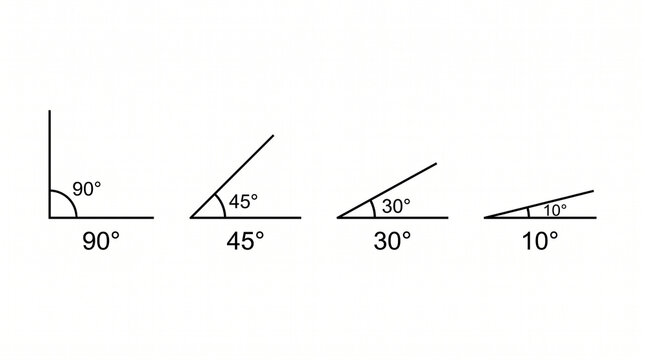 Minimalist black and white diagram of geometric angles featuring ninety forty five thirty and ten degree measurements.