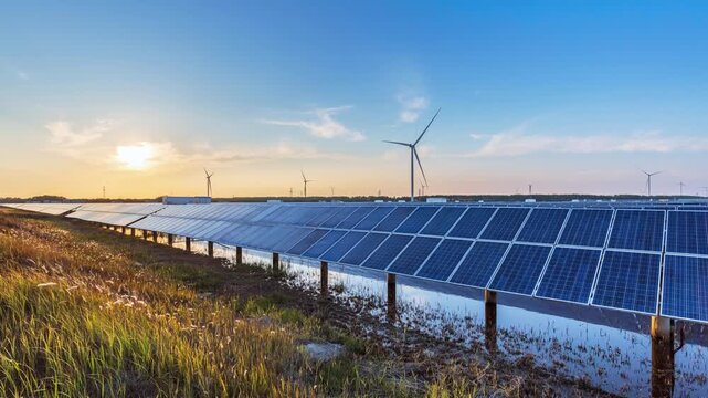 Time-lapse of Wind-Solar Hybrid Power Station at Sunset