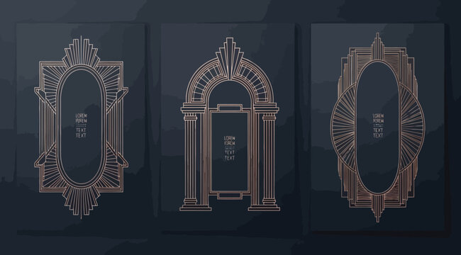 Art deco geometric frames and arch in rose gold on dark blue background