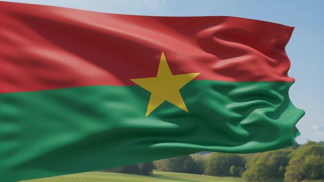 burkina faso flag waving red green with yellow star over countryside