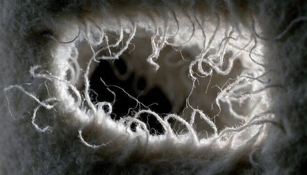 Macro view of a torn white fabric hole with fibers
