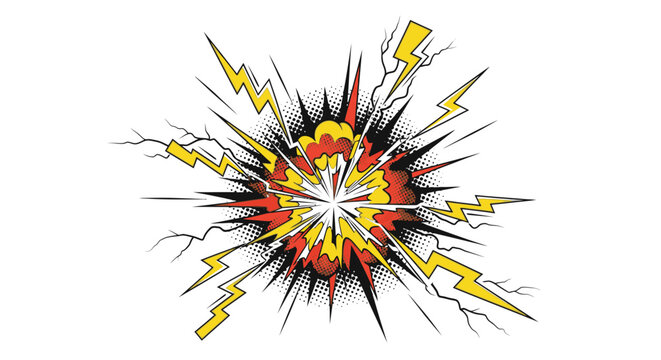 Explosion graphic with lightning bolts and colorful energy burst
