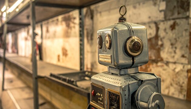 Retro metal toy robot on display.