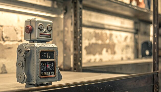 Retro metal toy robot on display.