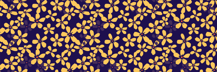 Fototapeta premium Seamless floral pattern with small yellow flowers on a dark purple background, vector, clean repeat, dense rhythm. Ideal for textiles, packaging, wallpaper, decor, and print use