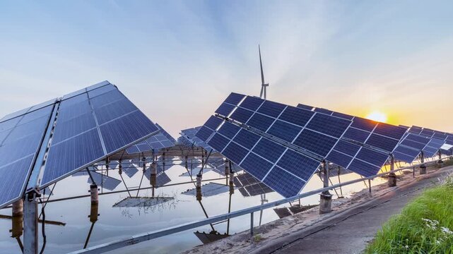 Time-lapse of the Tracking type Solar Farm at Sunrise with Wind Turbine