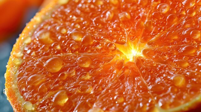 Extreme macro close up of a fresh orange slice showing vibrant citrus pulp texture and glistening water droplets illuminated by bright natural sunlight in a studio setting