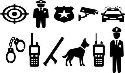 Police and Law Enforcement Icons Set with Officer, Badge, Handcuffs, Radio, Patrol Car, CCTV Camera, K9 Dog, and Security Symbols Vector Illustration © MdMojnu