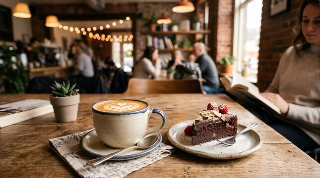 Cozy Cafe Scene: Latte Art Coffee, Chocolate Cake, Woman Reading Book, Blurred Background