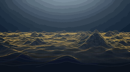 Abstract landscape with golden contour lines on a dark blue background, digital terrain representation © Saharia